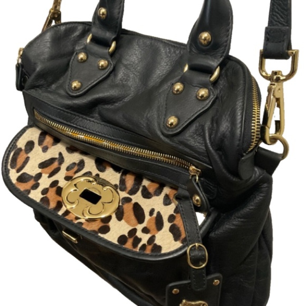 Emma Fox Ladies Black Leather  Fold Over Tote Bag Purse  Inside Floral Print